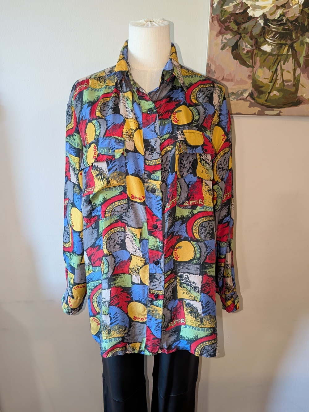 Vintage (80s/90s)Abstract Multi-Color Button-Up Blouse - Women's Long Sleeve